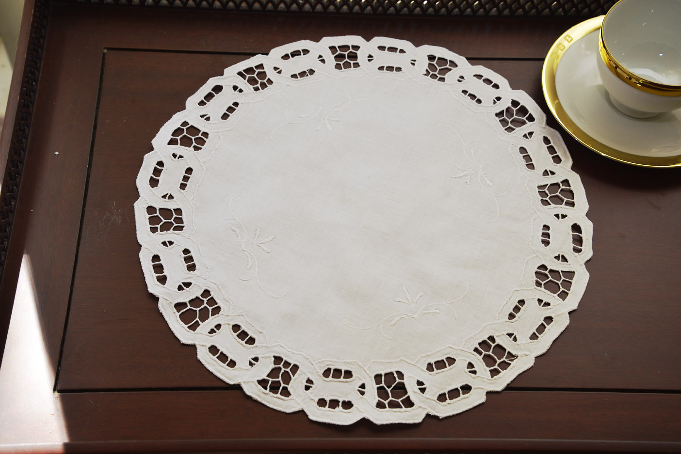 14" Round, white color, dynasty cutworks doily