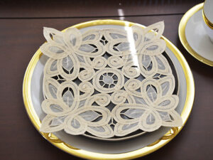 Crystal Lace Doilies. Battenburg Square Crystal Lace. Pistachio Shell Color.